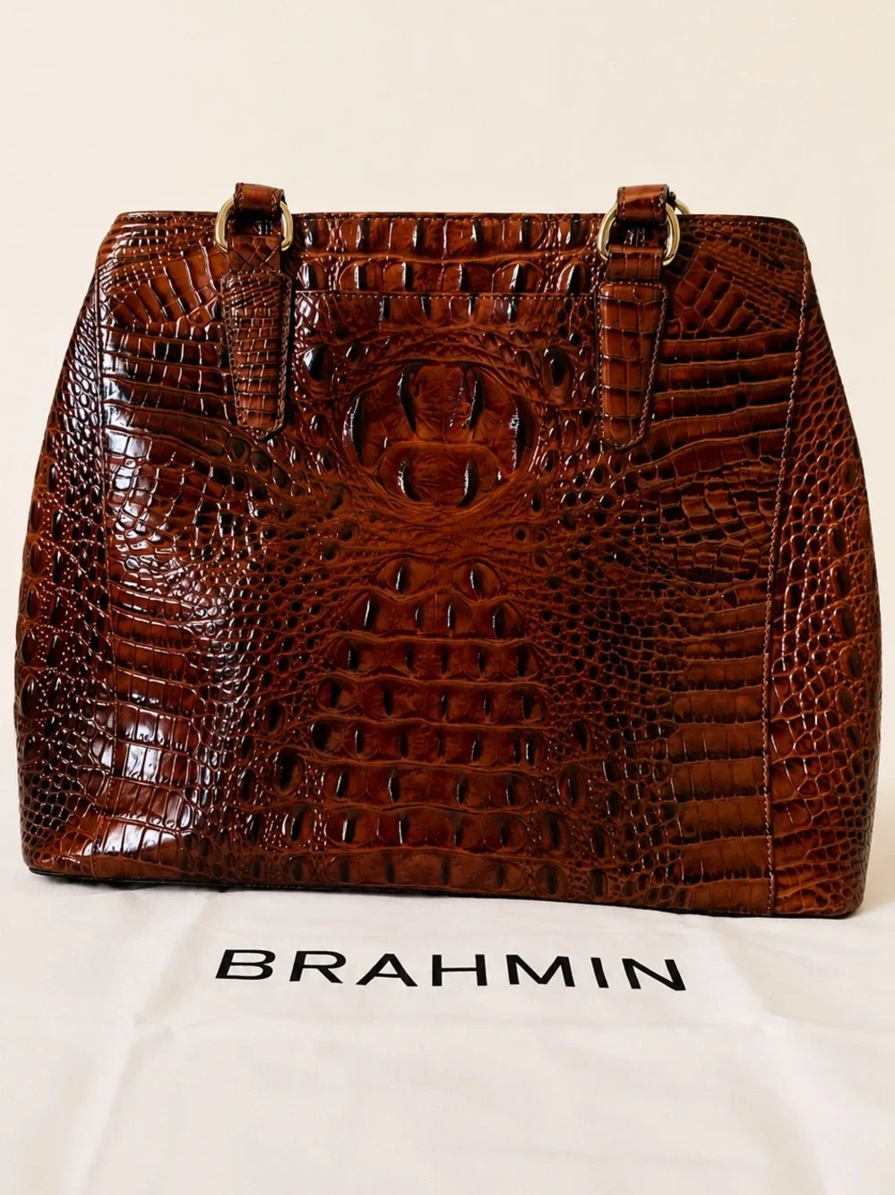 NWT Brahmin Joan Tote Pecan Melbourne Brown Croc Emb Leather Dust Bag Card N4515